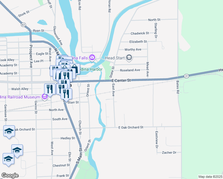 map of restaurants, bars, coffee shops, grocery stores, and more near 514 East Avenue in Medina