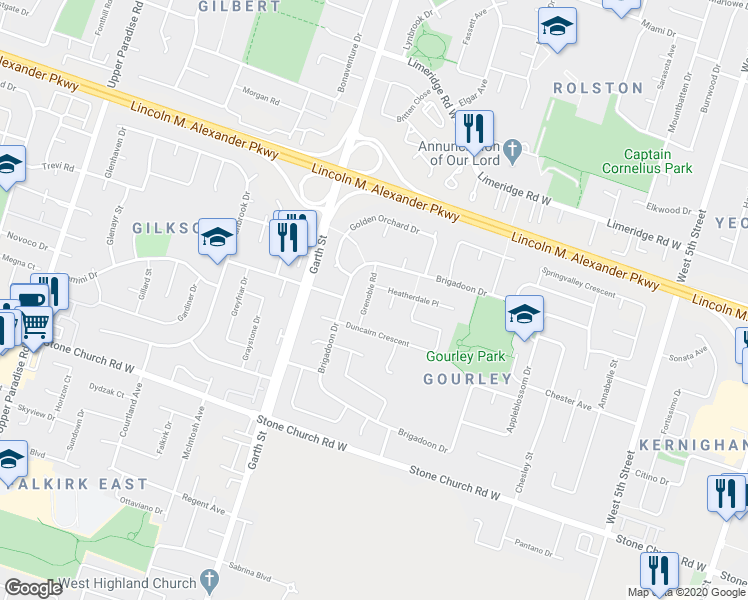 map of restaurants, bars, coffee shops, grocery stores, and more near 29 Grenoble Road in Hamilton