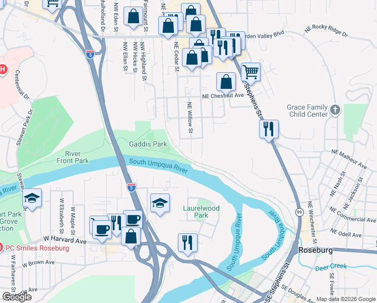 map of restaurants, bars, coffee shops, grocery stores, and more near 865 Northeast Cedar Street in Roseburg