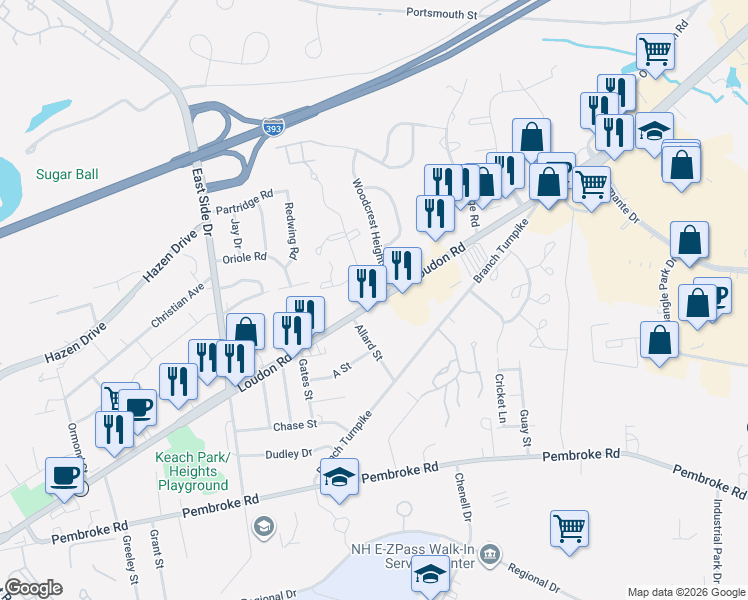 map of restaurants, bars, coffee shops, grocery stores, and more near 0 Highway 9 in Concord