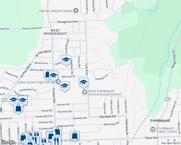 map of restaurants, bars, coffee shops, grocery stores, and more near 23 Imperial Circle in Irondequoit