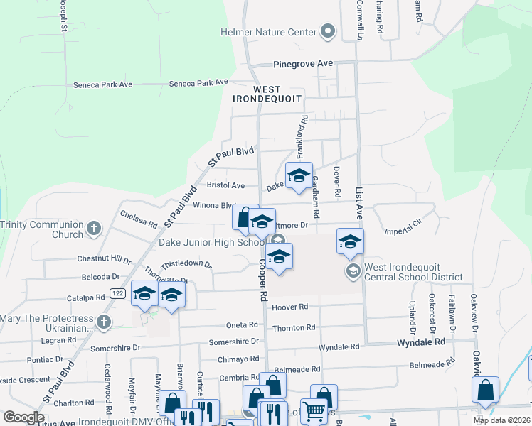 map of restaurants, bars, coffee shops, grocery stores, and more near 15 Montclair Drive in Rochester