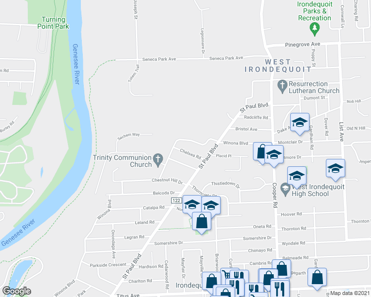 map of restaurants, bars, coffee shops, grocery stores, and more near 826 Winona Boulevard in Irondequoit