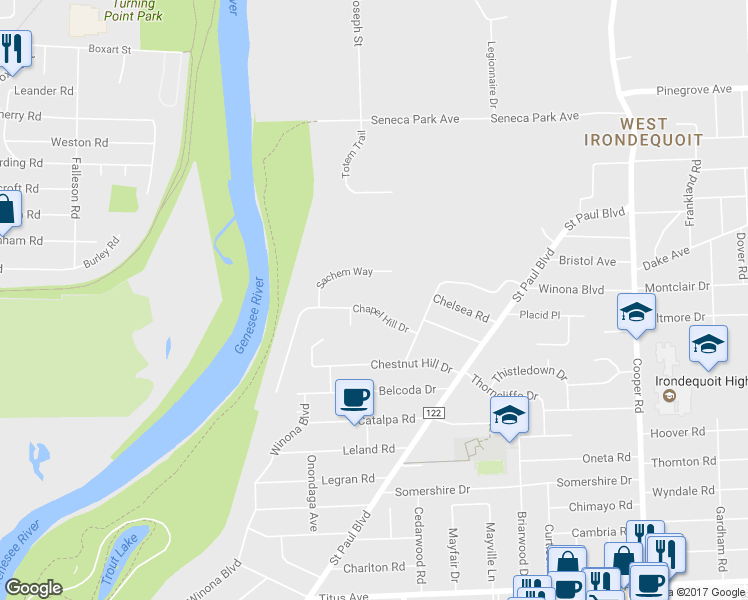 map of restaurants, bars, coffee shops, grocery stores, and more near 44 Chapel Hill Drive in Rochester