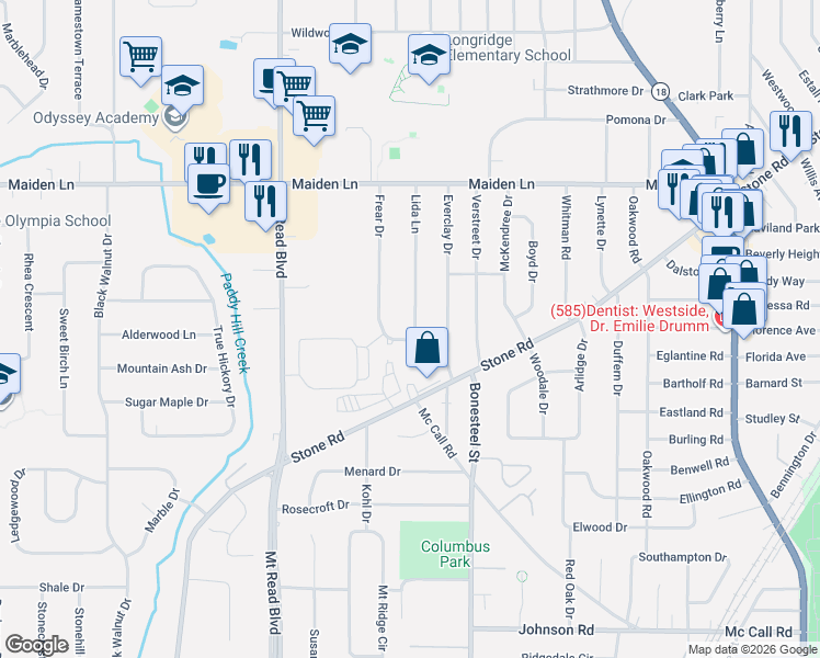 map of restaurants, bars, coffee shops, grocery stores, and more near 32 Frear Drive in Rochester