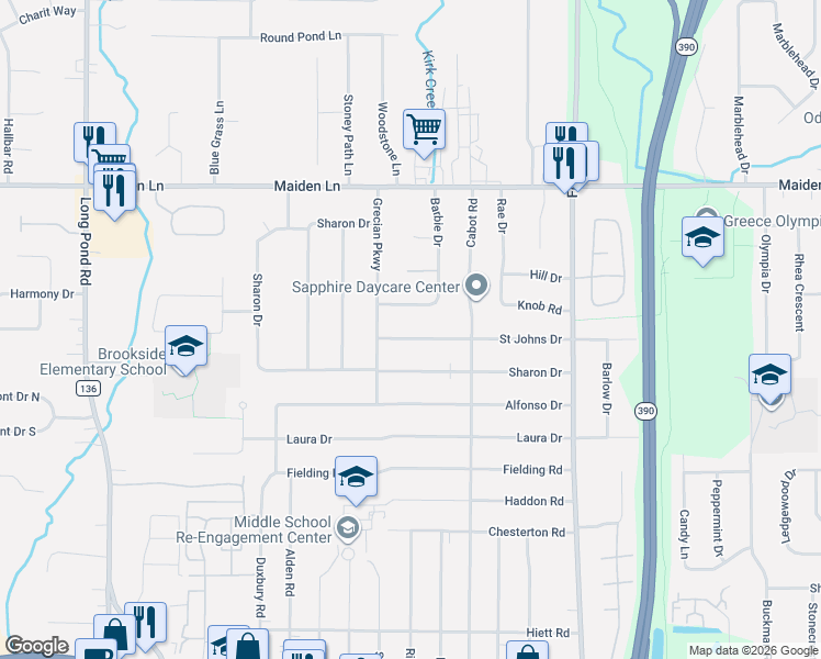 map of restaurants, bars, coffee shops, grocery stores, and more near 204 Saint Johns Drive in Rochester
