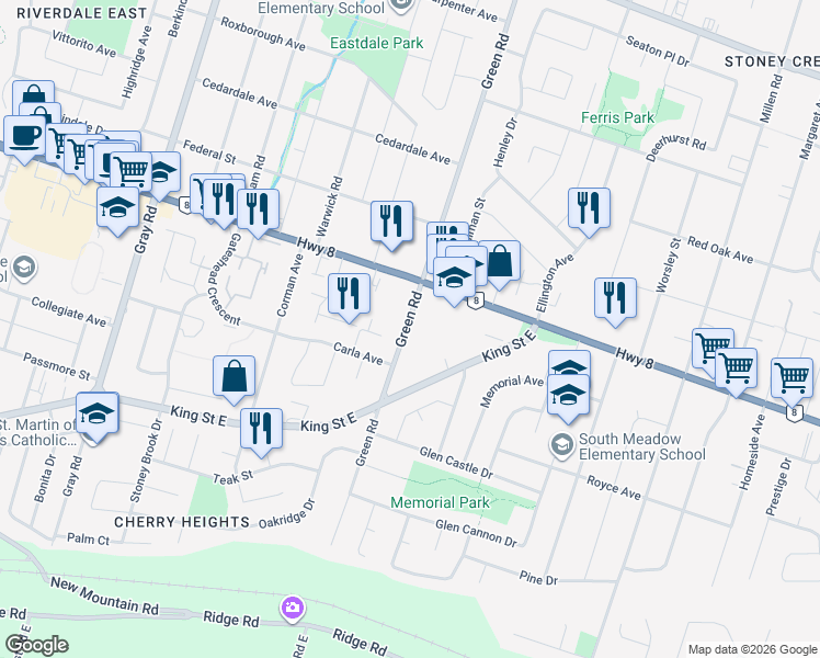 map of restaurants, bars, coffee shops, grocery stores, and more near 144 Green Road in Hamilton
