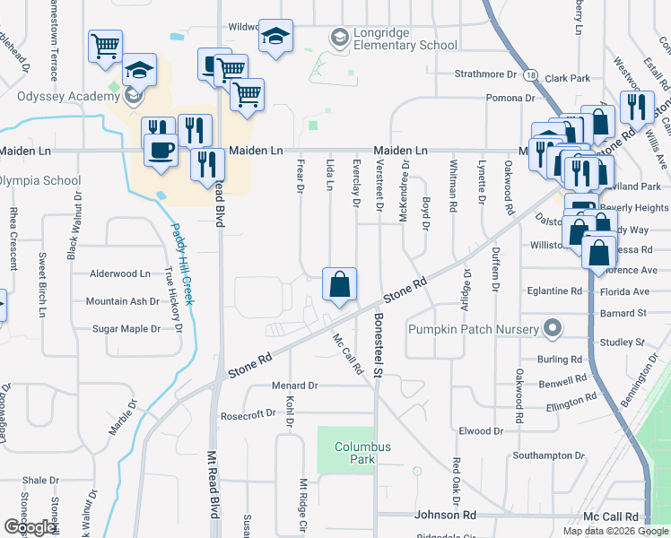map of restaurants, bars, coffee shops, grocery stores, and more near 32 Frear Drive in Rochester