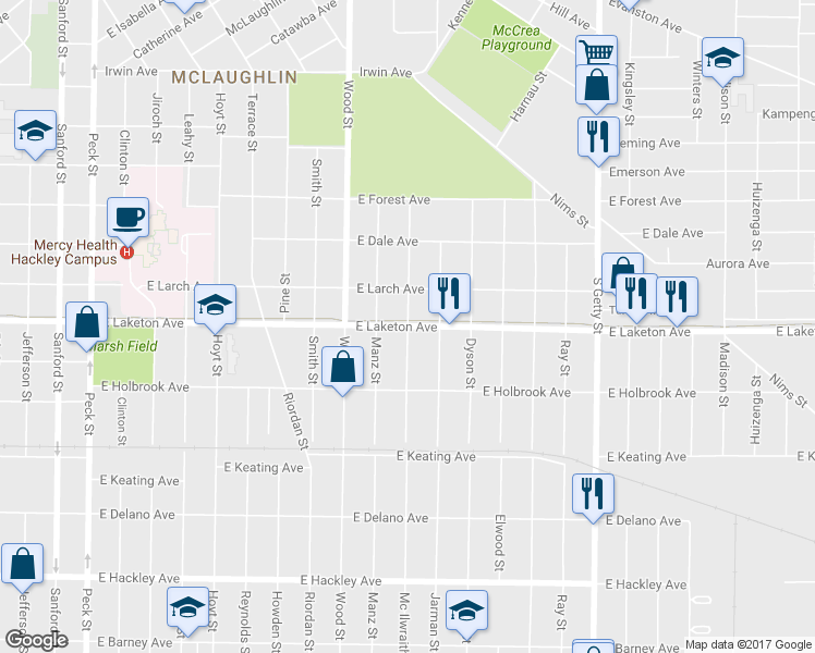 map of restaurants, bars, coffee shops, grocery stores, and more near 1799 Mc Ilwraith Street in Muskegon