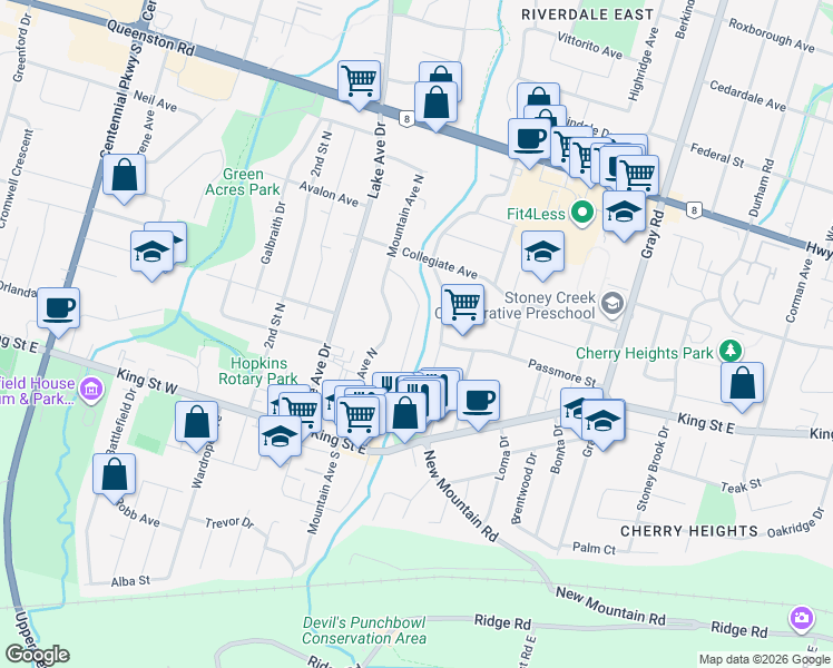 map of restaurants, bars, coffee shops, grocery stores, and more near 46 Bland Avenue in Hamilton