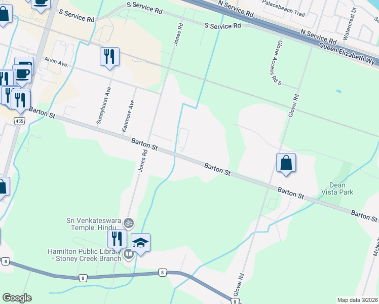 map of restaurants, bars, coffee shops, grocery stores, and more near 809 Barton Street in Hamilton