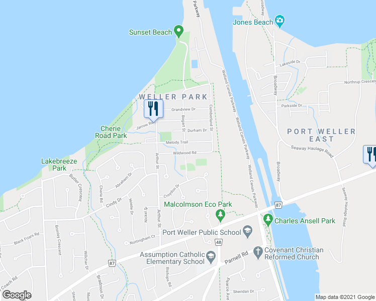 map of restaurants, bars, coffee shops, grocery stores, and more near 24 Bogart Street in St. Catharines