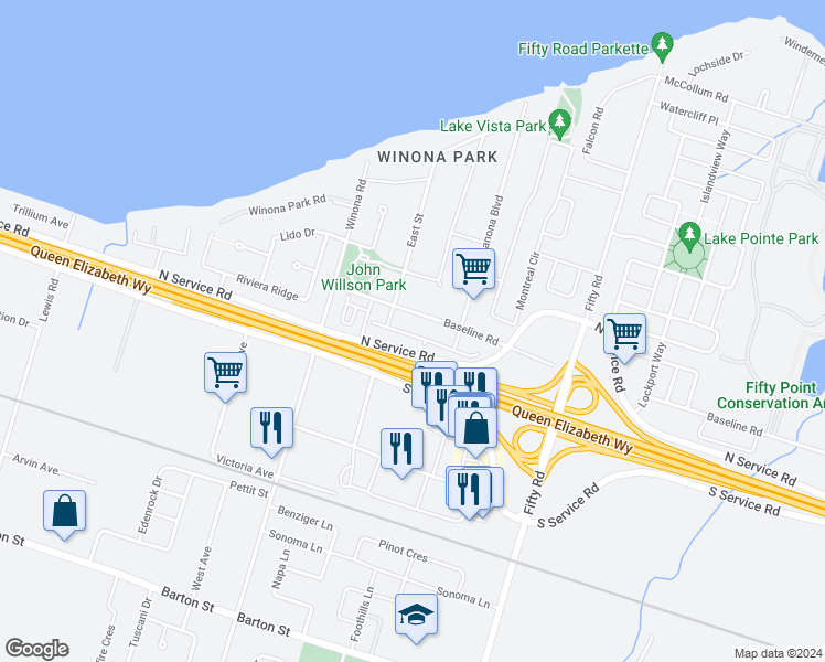 map of restaurants, bars, coffee shops, grocery stores, and more near 48 Marina Point Crescent in Hamilton