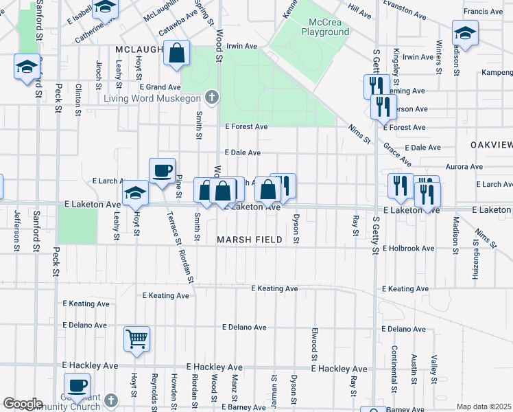 map of restaurants, bars, coffee shops, grocery stores, and more near E Laketon Ave & Mcilwraith St in Muskegon