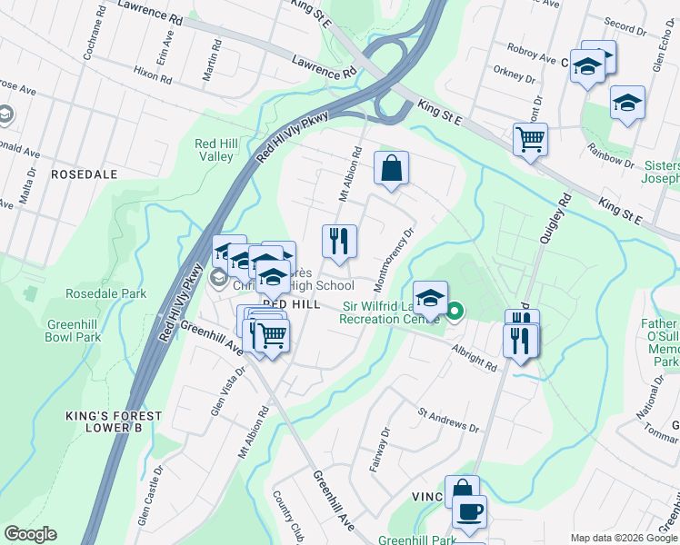 map of restaurants, bars, coffee shops, grocery stores, and more near 23 Redhill Avenue in Hamilton