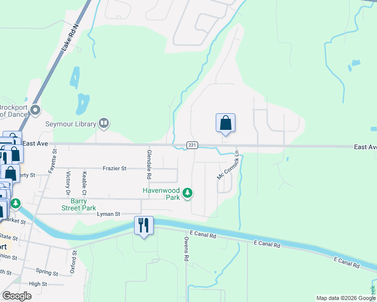 map of restaurants, bars, coffee shops, grocery stores, and more near 332 East Avenue in Brockport