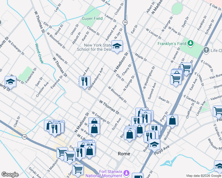 map of restaurants, bars, coffee shops, grocery stores, and more near 351 W Bloomfield St in Rome