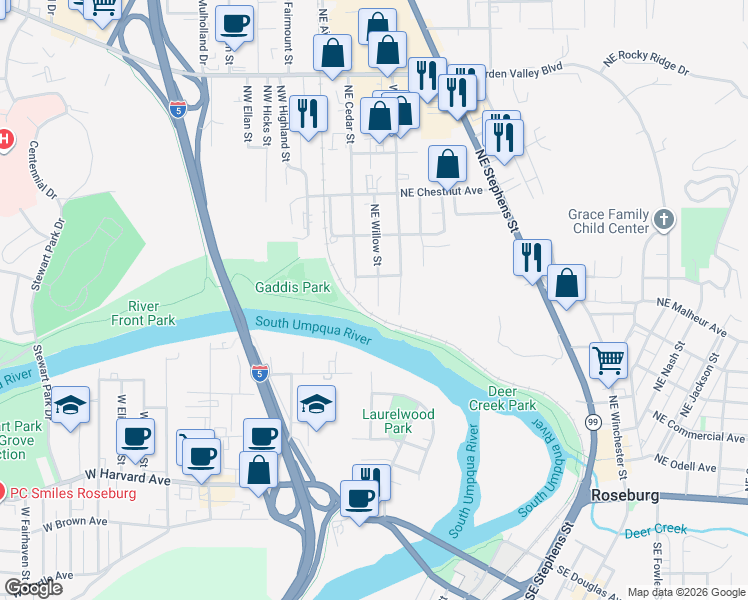 map of restaurants, bars, coffee shops, grocery stores, and more near 848 Northeast Willow Street in Roseburg
