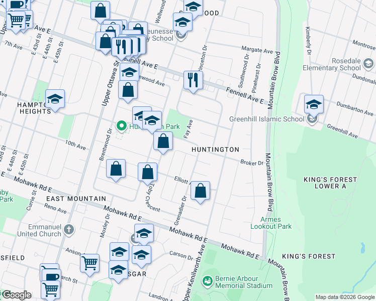 map of restaurants, bars, coffee shops, grocery stores, and more near 16 Wise Crescent in Hamilton