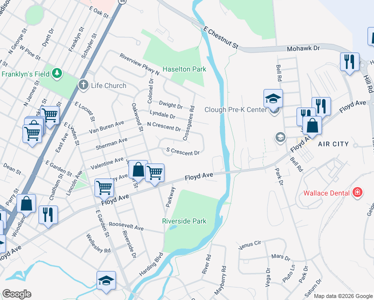map of restaurants, bars, coffee shops, grocery stores, and more near 121 South Crescent Drive in Rome