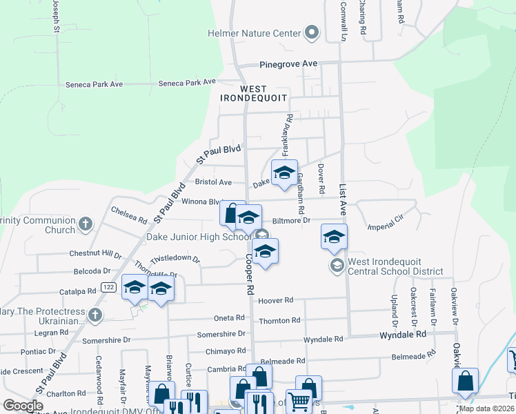 map of restaurants, bars, coffee shops, grocery stores, and more near 15 Montclair Dr in Rochester