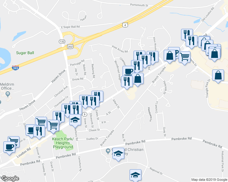 map of restaurants, bars, coffee shops, grocery stores, and more near 201 Loudon Road in Concord