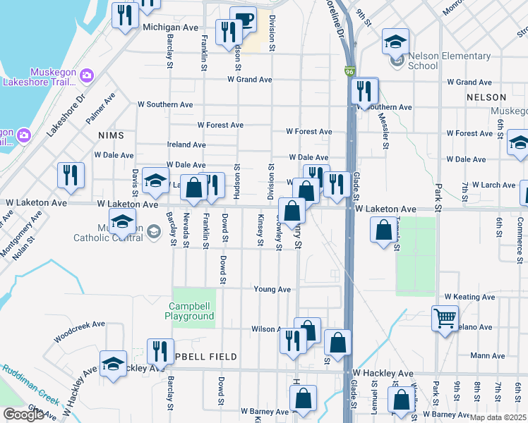 map of restaurants, bars, coffee shops, grocery stores, and more near 899 West Laketon Avenue in Muskegon