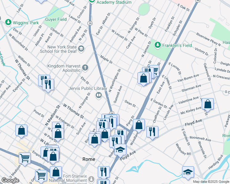 map of restaurants, bars, coffee shops, grocery stores, and more near 705 Summit Avenue in Rome