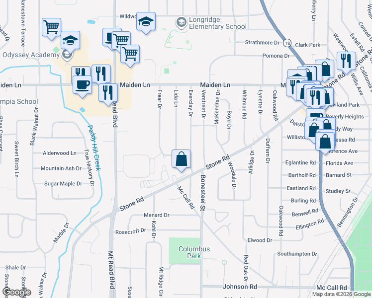 map of restaurants, bars, coffee shops, grocery stores, and more near 32 Frear Drive in Rochester