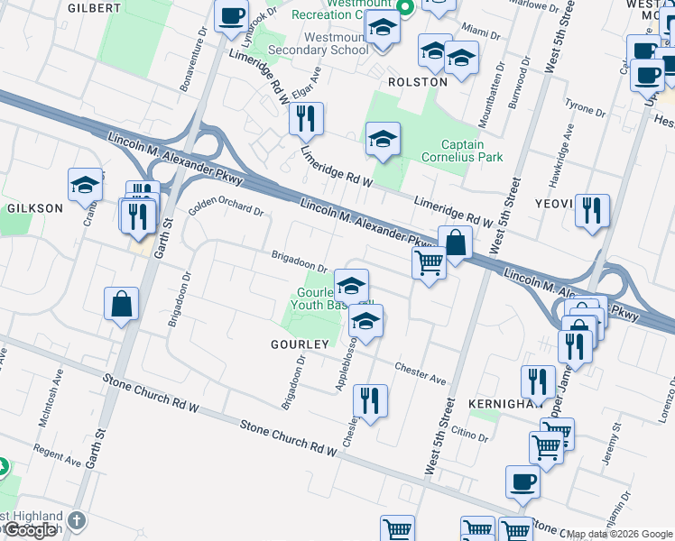map of restaurants, bars, coffee shops, grocery stores, and more near 315 Brigadoon Drive in Hamilton