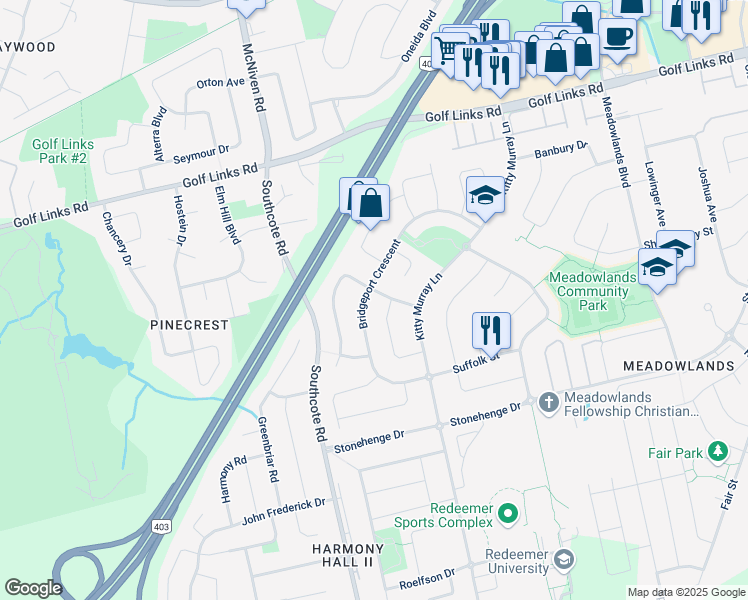 map of restaurants, bars, coffee shops, grocery stores, and more near 11 Cabriolet Crescent in Hamilton