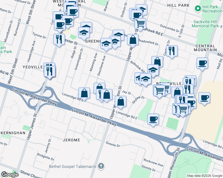 map of restaurants, bars, coffee shops, grocery stores, and more near 1132 Upper Wellington Street in Hamilton