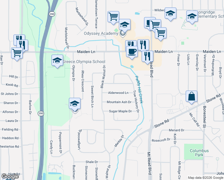 map of restaurants, bars, coffee shops, grocery stores, and more near 66 Alderwood Lane in Rochester