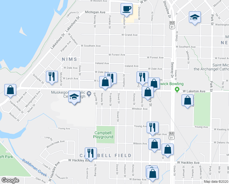 map of restaurants, bars, coffee shops, grocery stores, and more near 1005 West Laketon Avenue in Muskegon