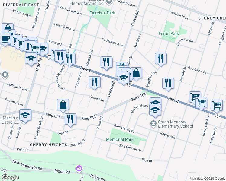map of restaurants, bars, coffee shops, grocery stores, and more near 144 Green Road in Hamilton