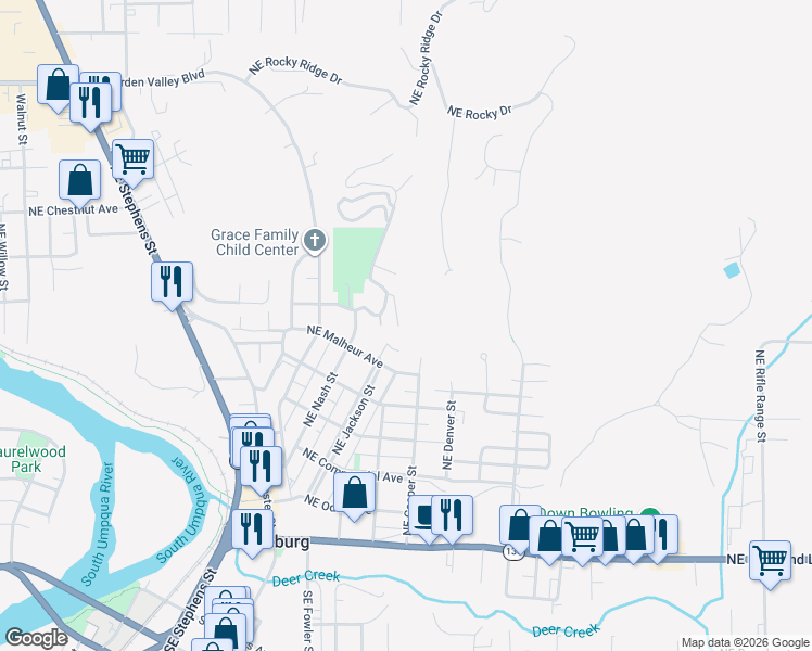 map of restaurants, bars, coffee shops, grocery stores, and more near 909 Northeast Parkview Court in Roseburg