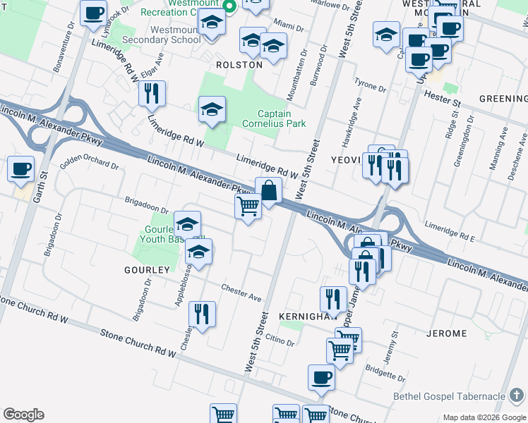 map of restaurants, bars, coffee shops, grocery stores, and more near 140 Springvalley Crescent in Hamilton
