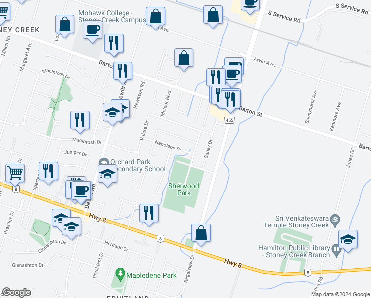 map of restaurants, bars, coffee shops, grocery stores, and more near 37 Napoleon Drive in Hamilton