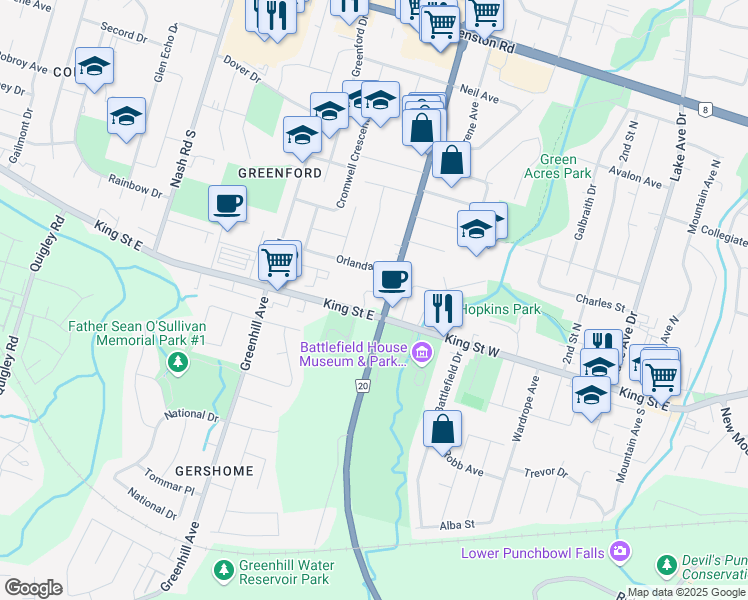 map of restaurants, bars, coffee shops, grocery stores, and more near 104 King Street West in Hamilton
