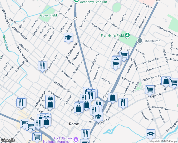 map of restaurants, bars, coffee shops, grocery stores, and more near 709 North Washington Street in Rome
