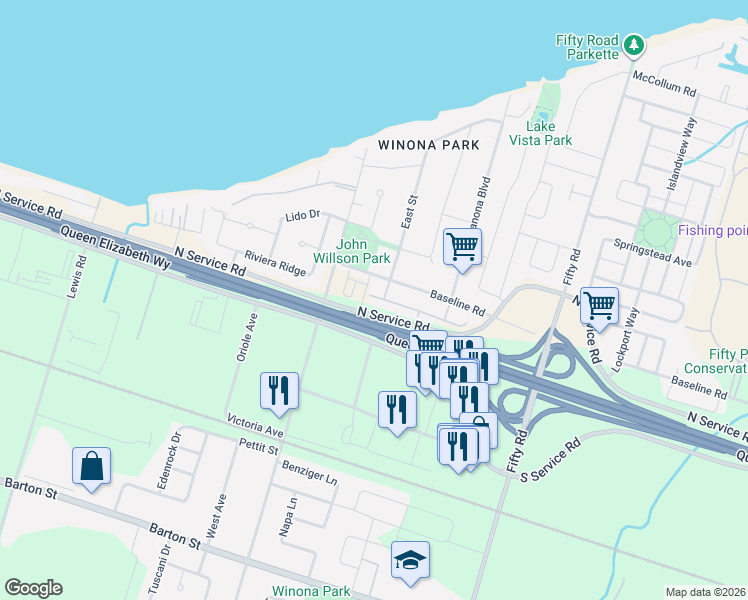 map of restaurants, bars, coffee shops, grocery stores, and more near 9 Marina Point Crescent in Hamilton