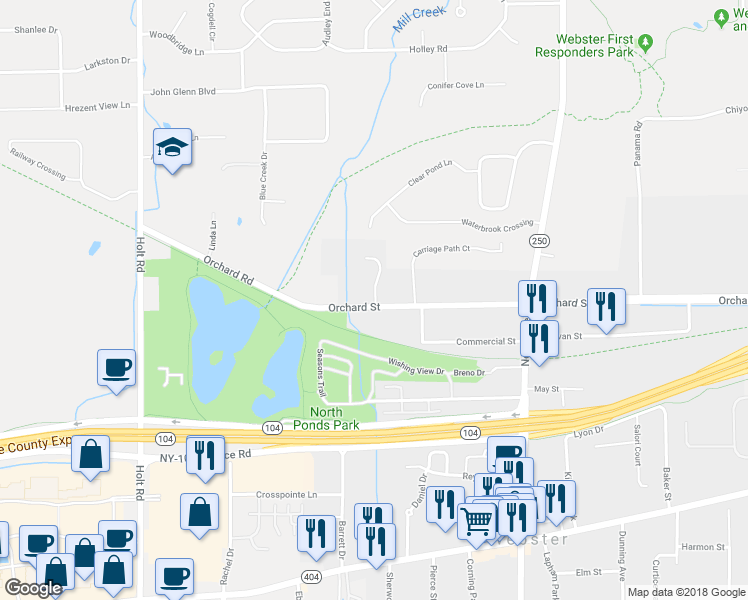 map of restaurants, bars, coffee shops, grocery stores, and more near 83 Woodstone Circle in Webster