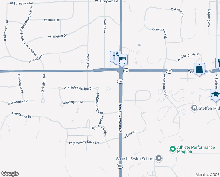 map of restaurants, bars, coffee shops, grocery stores, and more near 7623 King's Crossing Way in Mequon
