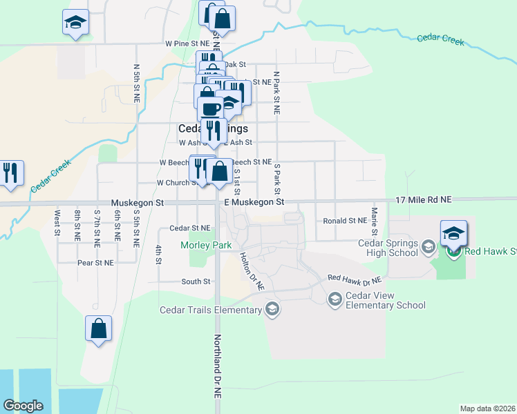 map of restaurants, bars, coffee shops, grocery stores, and more near 100 East Muskegon Street in Cedar Springs