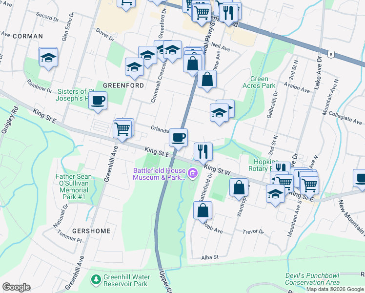 map of restaurants, bars, coffee shops, grocery stores, and more near 5 Faircourt Drive in Hamilton