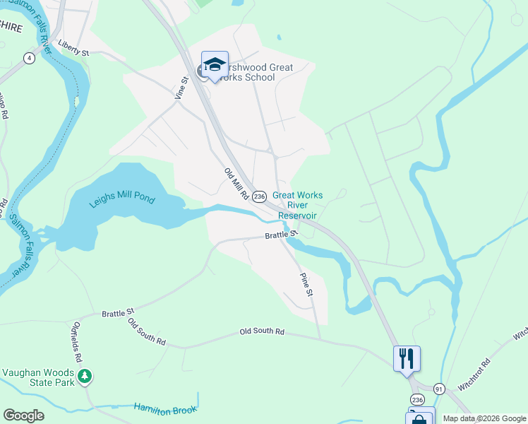 map of restaurants, bars, coffee shops, grocery stores, and more near 5 Old Mill Road in South Berwick