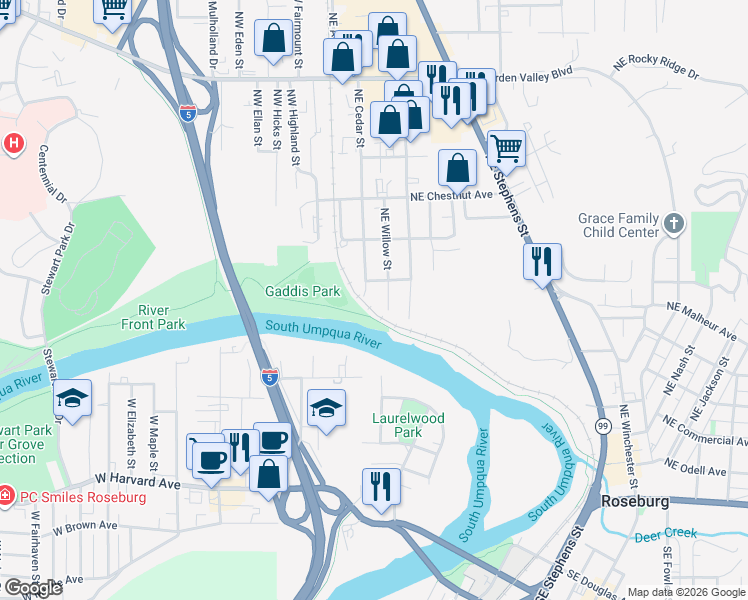 map of restaurants, bars, coffee shops, grocery stores, and more near 865 Northeast Cedar Street in Roseburg