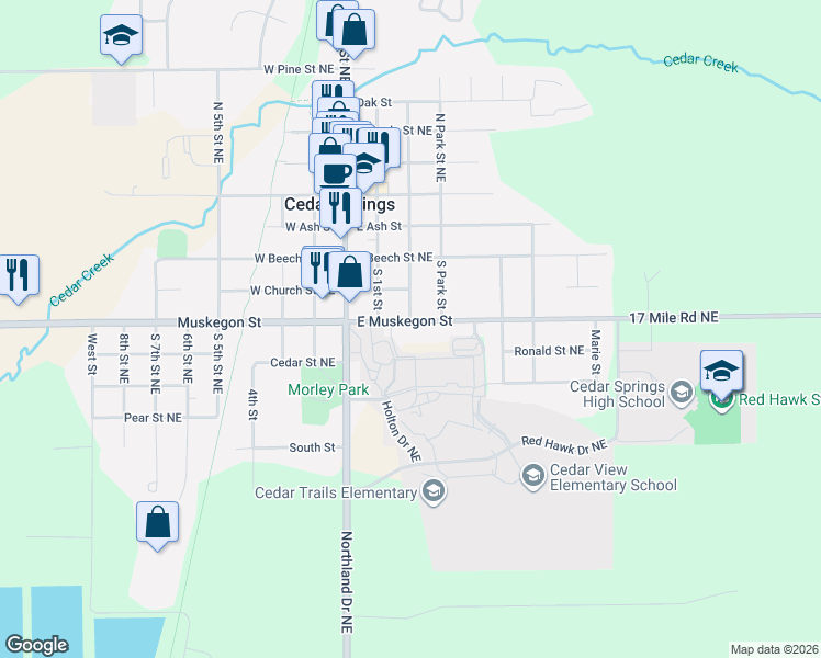 map of restaurants, bars, coffee shops, grocery stores, and more near 100 East Muskegon Street in Cedar Springs