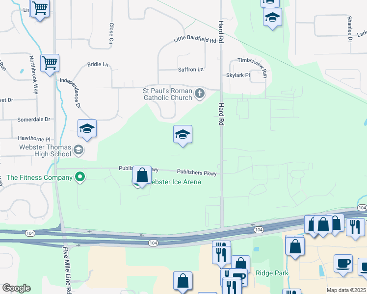 map of restaurants, bars, coffee shops, grocery stores, and more near 900 Publishers Parkway in Webster