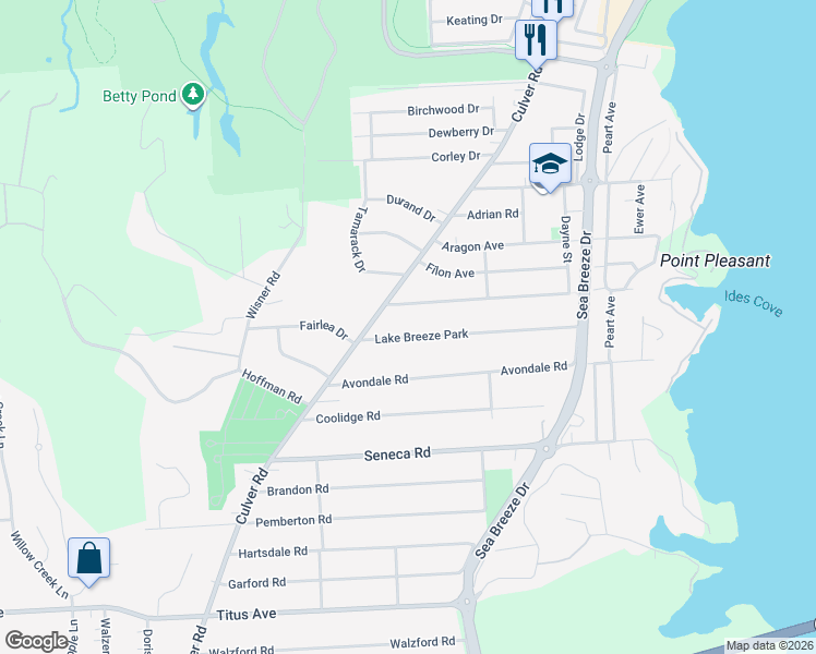 map of restaurants, bars, coffee shops, grocery stores, and more near 93 Lake Breeze Park in Rochester